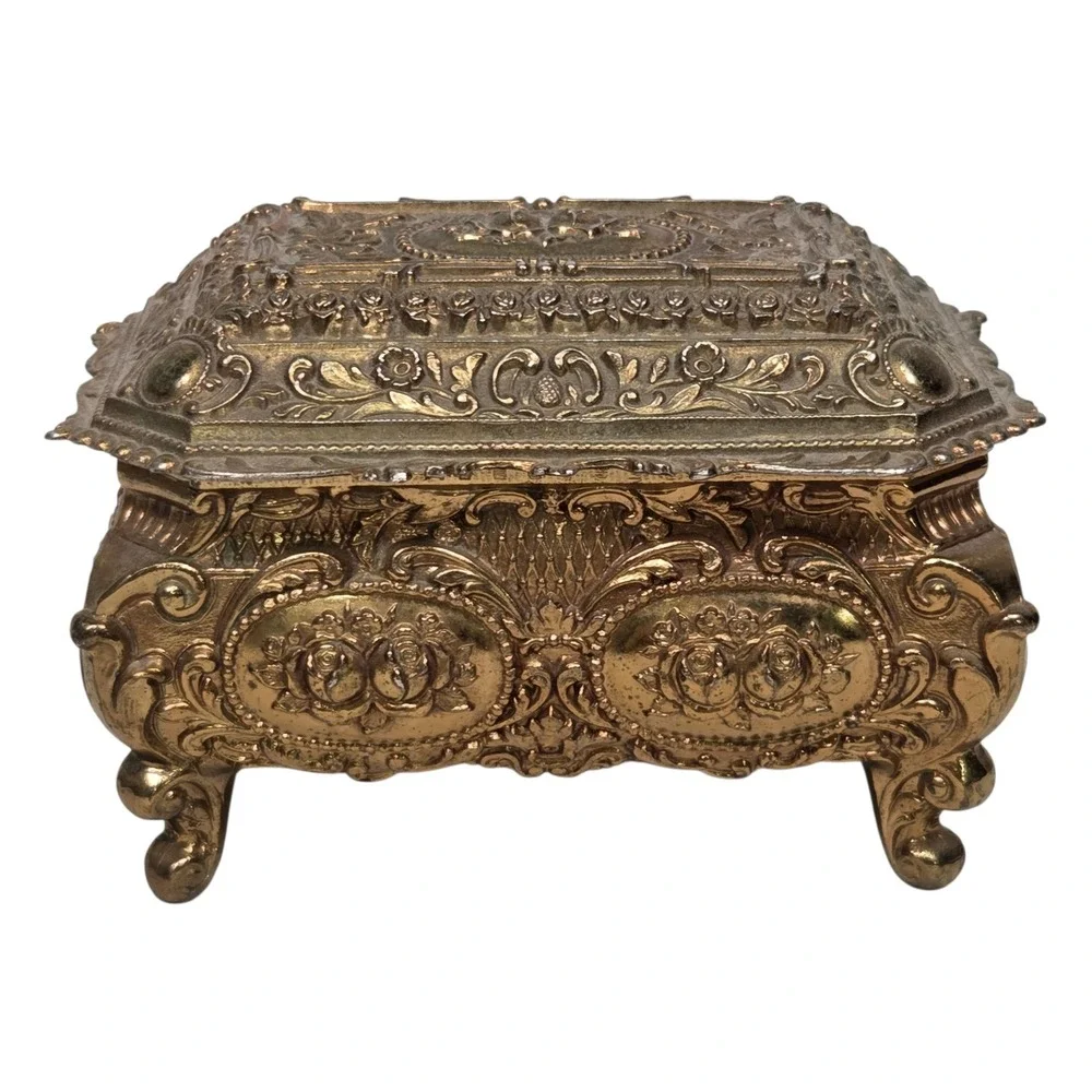 Jewelry Box  Gold Ornate Floral Footed Red Velvet Lining Vintage Heavy vtg